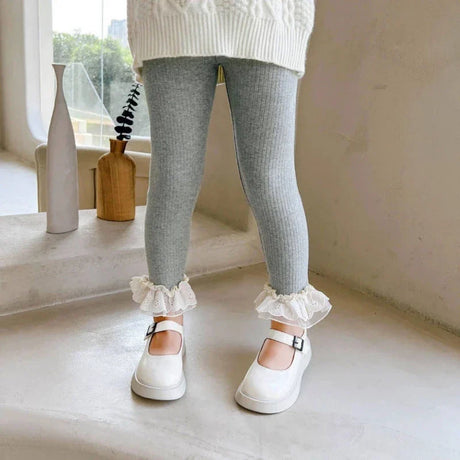 Autumn Girls Cotton Bottoms Pants 2023 New Korean Children's Stretchy Slim Casual Pant Baby Lace Splicing Outside Trousers