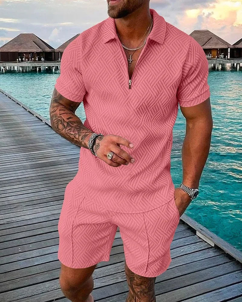 New 2024 Men's Polo Suit Fashion Men Sets Solid Summer V-neck Zipper Short Sleeve POLO Shirt+Shorts Two Pieces Men Casual Suit