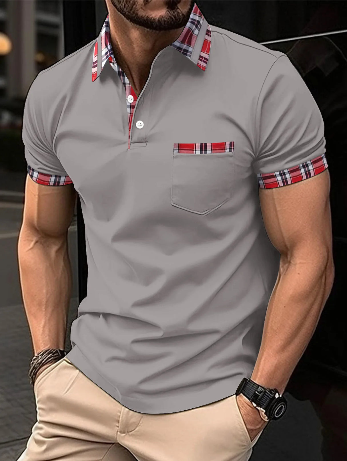 2023 Fashion Men's Short Sleeve Polo Shirt Man Plaid Collar POLO Tee Male Casual Collar T-Shirt Clothing