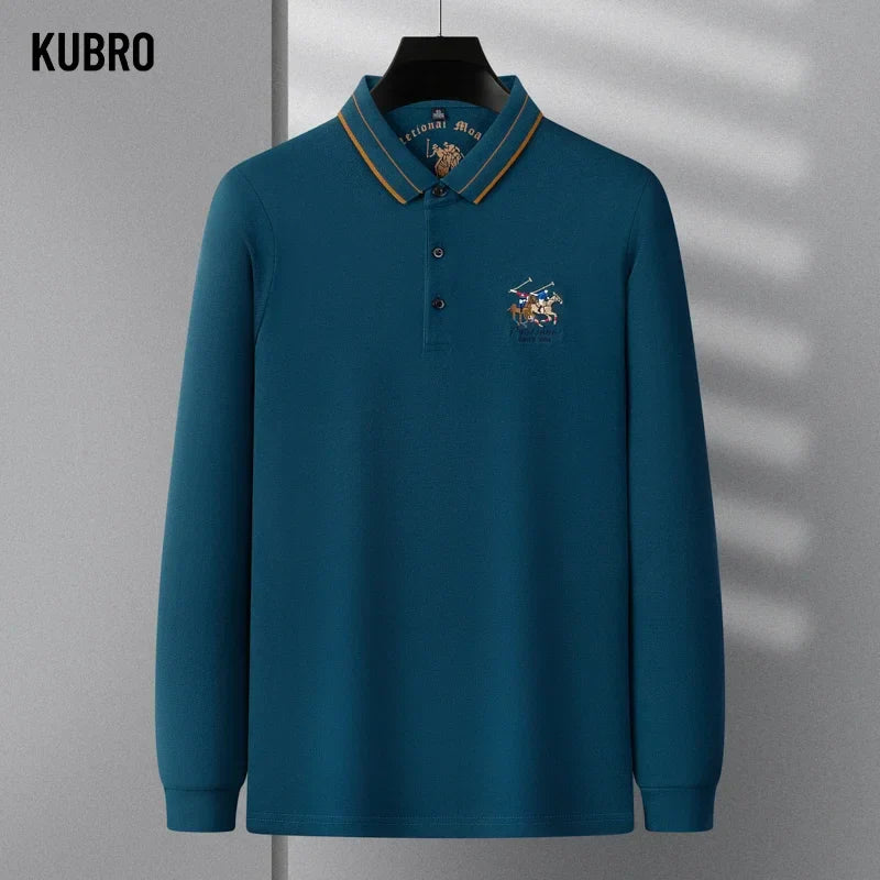 KUBRO Men's High Quality Embroidery Brand Plaid Long Sleeve Polo Shirt New 2023 Winter Korean Version Slim Fit Fashion Polo Top