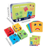 Kids Montessori Toy 64 pcs Cards of Emoticon Puzzle Face Change Cubes Wooden Toys Building Blocks Educational Game for Children