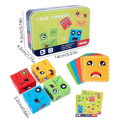 Kids Montessori Toy 64 pcs Cards of Emoticon Puzzle Face Change Cubes Wooden Toys Building Blocks Educational Game for Children