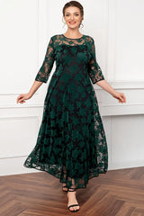 Women Plus Size Dress Mother Of The Bride Green Rose Flocking Mesh Double Layer Tunic Elegant Half Sleeve Evening Maxi Dresses