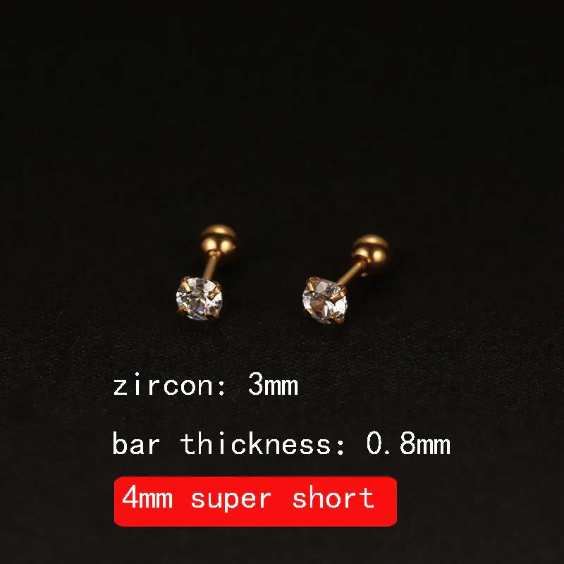 2PCS 4mm Short Ear Studs Earring Outside Upper Helix Earrings Titanium Steel CZ Crystal 3mm 4mm 5mm Mix Colors 0.8mm 20G Screw