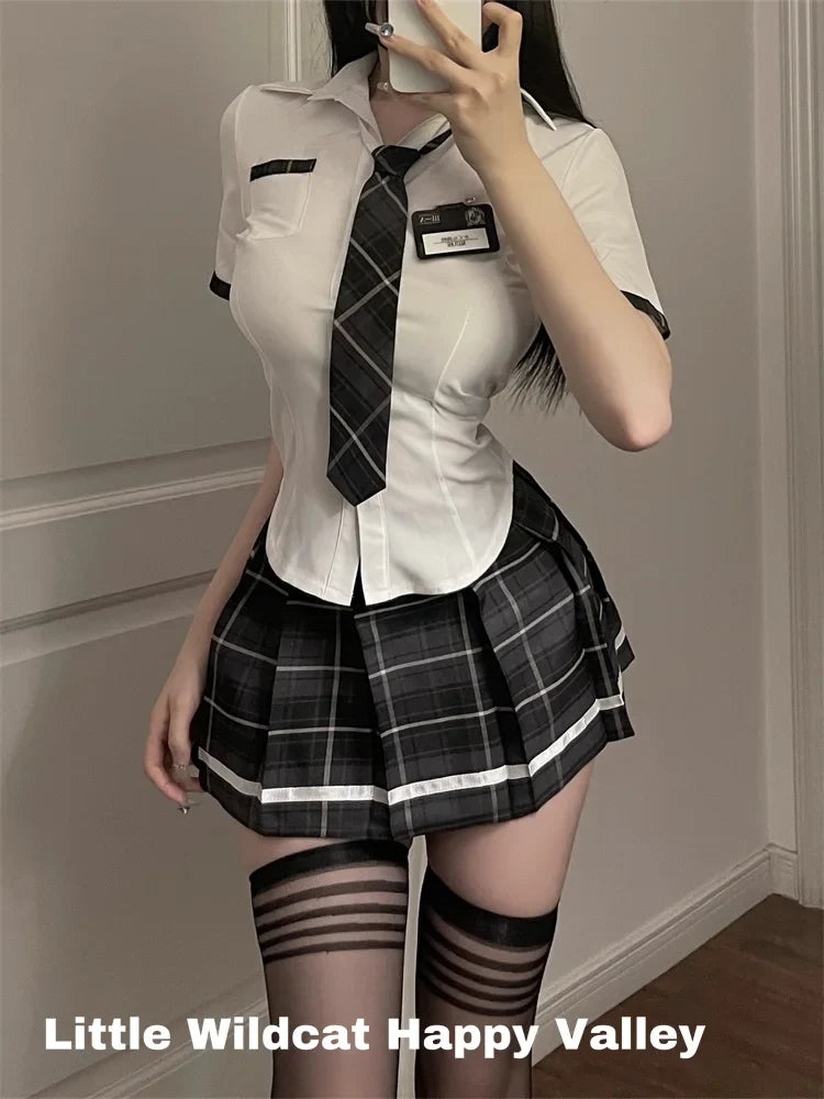 Sexy Lingerie School Student Uniform Role Play Costume Women Cute Mini Skirt Tight Blouse Set Porn College Girl Cosplay Anime