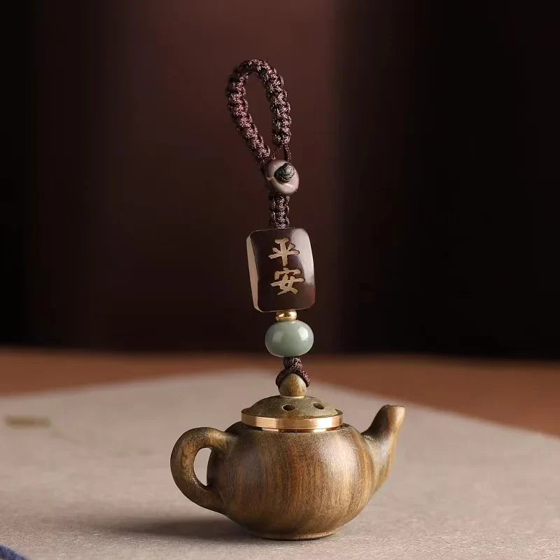 Original Green Sandalwood Openwork Carved Chinese Style Teapot To Open Sachet Car Keychain Pendant Bag Pendant Feature Ornament