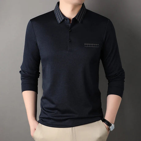 New Fashion Men's Striped Polo Shirts Male Button Collar T Shirt Casual Long Sleeve Tops