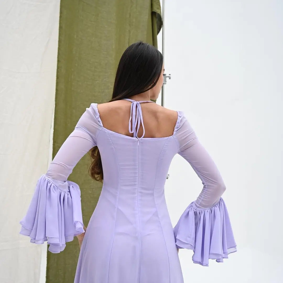 Lilac Halter Chiffon Prom Dresses 2023 Arabia Fashion Flare Sleeves A-Line Simple Style Formal Occasion Evening Dress Party Gown