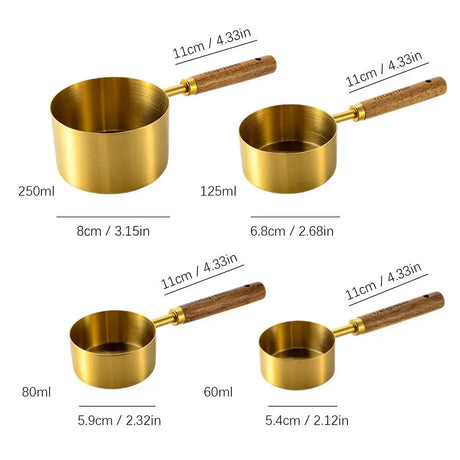 4pcs Stack Able Stainless Steel Measuring Spoons With Wood Handle Double-Scale Measure Cup For Kitchen Bakeware Measuring Tools