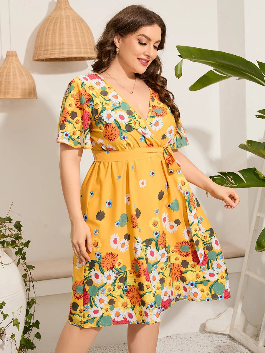 4xl 5xl Plus Size Midi Dress Women 2023 Summer V Neck Short Sleeve Floral Print Yellow Dress for Women Large Size Beach Dresses