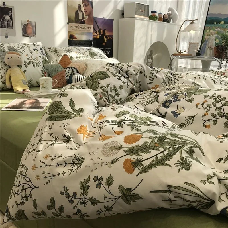 European Ins Floral Brushed Home Bedding Set Simple Soft Duvet Cover Set With Sheet Comforter Covers Pillowcases Bed Linen