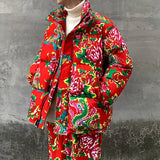 Northeast Flower Printed Thickened Cotton-padded Jacket Couple Chinese Style Causal Loose High Street Parkas Pants Suit