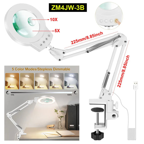 NEWACALOX 10X/5X Magnifier 5 Colors Illuminated Magnifying Glass Touch Control Table Lamp for Soldering Close Work RepairingTool