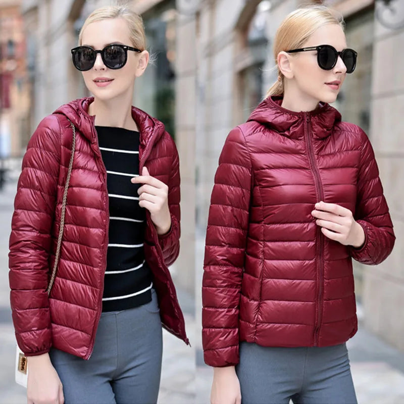 Winter Women Ultralight Thin Down Jacket White Duck Down Hooded Jackets Long Sleeve Warm Coat Parka Female Portable Outwear