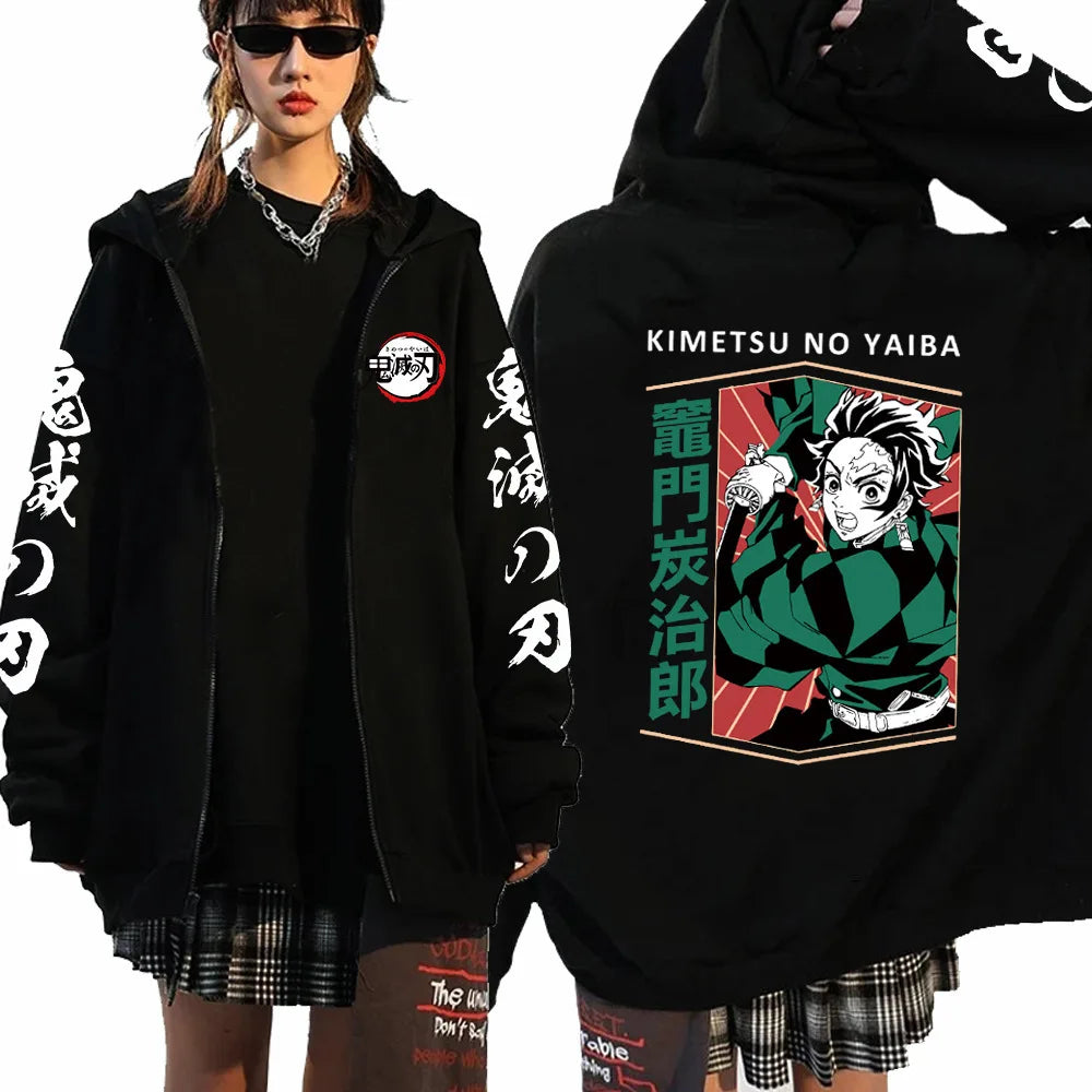 Men Women Anime Zip Hoodie Demon Slayer Graphic Print Plus Size Sweatshirt Harajuku Unisex Winter Warm Streetwear Zip Up Jacket