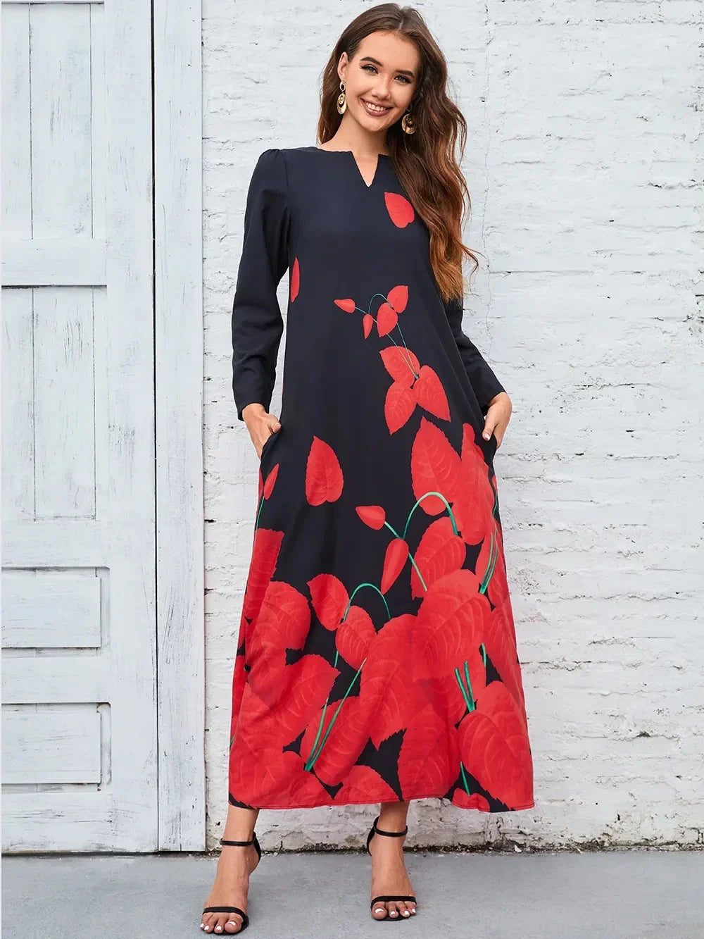 2023 New Plus Size Women Dress Autumn Winter Holiday Women Beach Dress A-line Long Sleeve Floral Print Boho Maxi Women Dresses