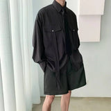 Gmiixder Cargo Long-sleeve Shirt with Tie Men's Oversize Kpop Shirt Korean Streetwear Versatile Motorcycle Pocket Streamers Coat