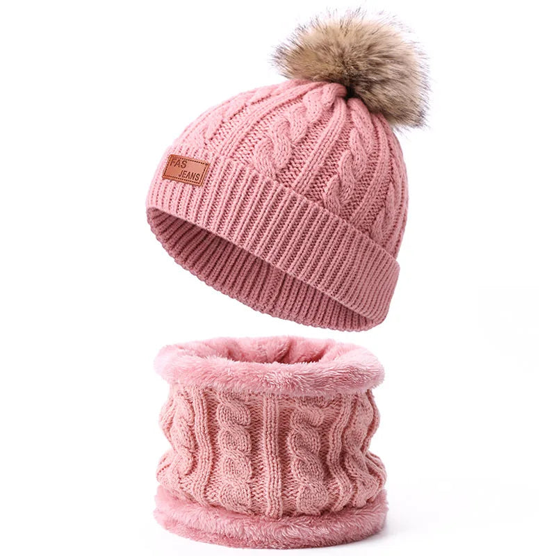 Baby Warm Winter Hats Scarf Gloves 3pcs Set Kids Toddler Bonnet Cute Pompom Knitted Hats Outdoor Warm Infant Accessories 1-5Y