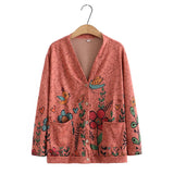 8XL Plus Size Cardigan Women 2023 Spring Print V-Neck Two Pockets Jumpers Long Sleeve Outewear Oversize Curve Clothes