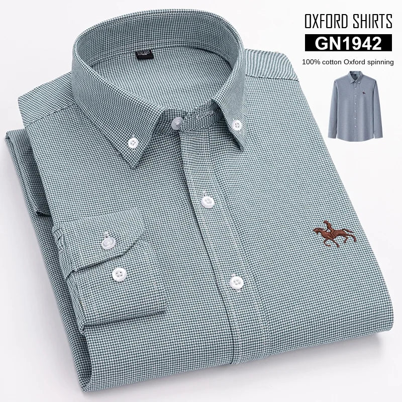 2023 100% Cotton Oxford Man Leisure Embroidered Horse Shirts Streetwear Oversized  Men Shirt Floral Long Sleeve Casual Plus Size