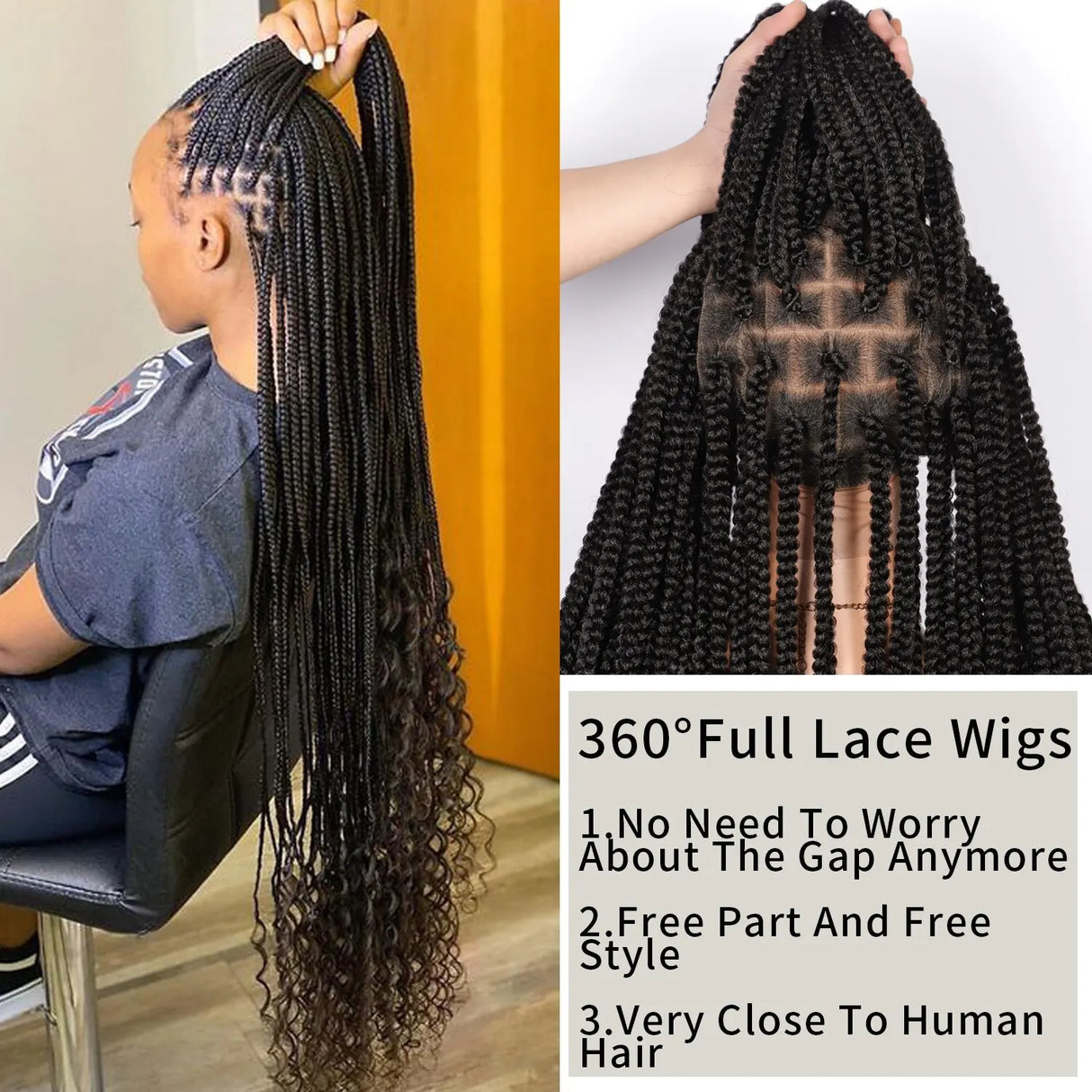 Kalyss 36" Full Double Lace Braided Wigs with Boho Curly Ends Knotless Cornrow Box Braided Wig with Baby Hair