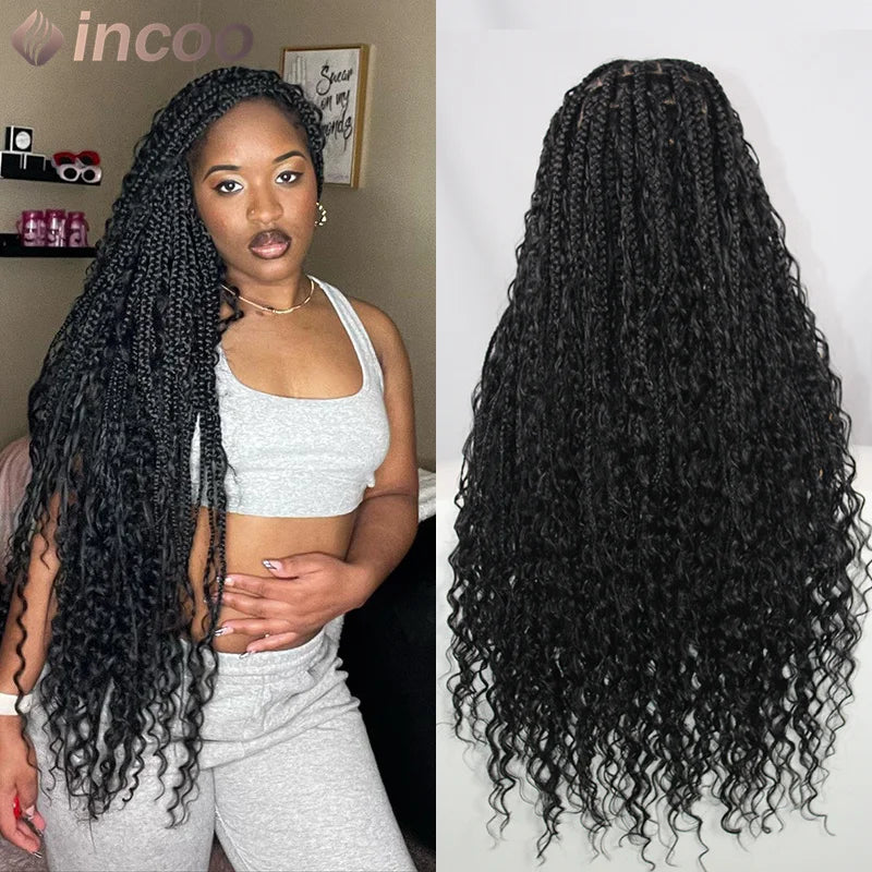 Boho Braided Lace Frontal Wig Wave Curly Goddess Locs Lace Front Braided Wig Pre-plucked With Baby Hair Synthetic Box Braids Wig