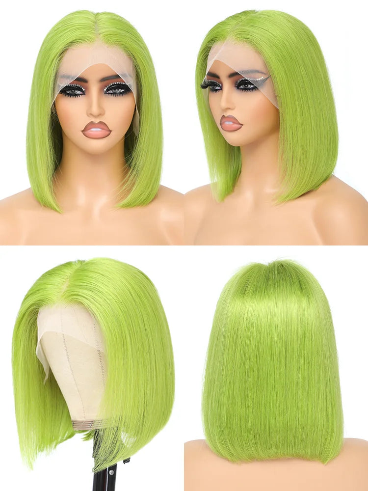 Lime Green Bob Lace Front Wigs Human Hair Wigs Glueless Short Bob Wigs Straight 13X4 Colored Lace Frontal Wigs Rose Neon