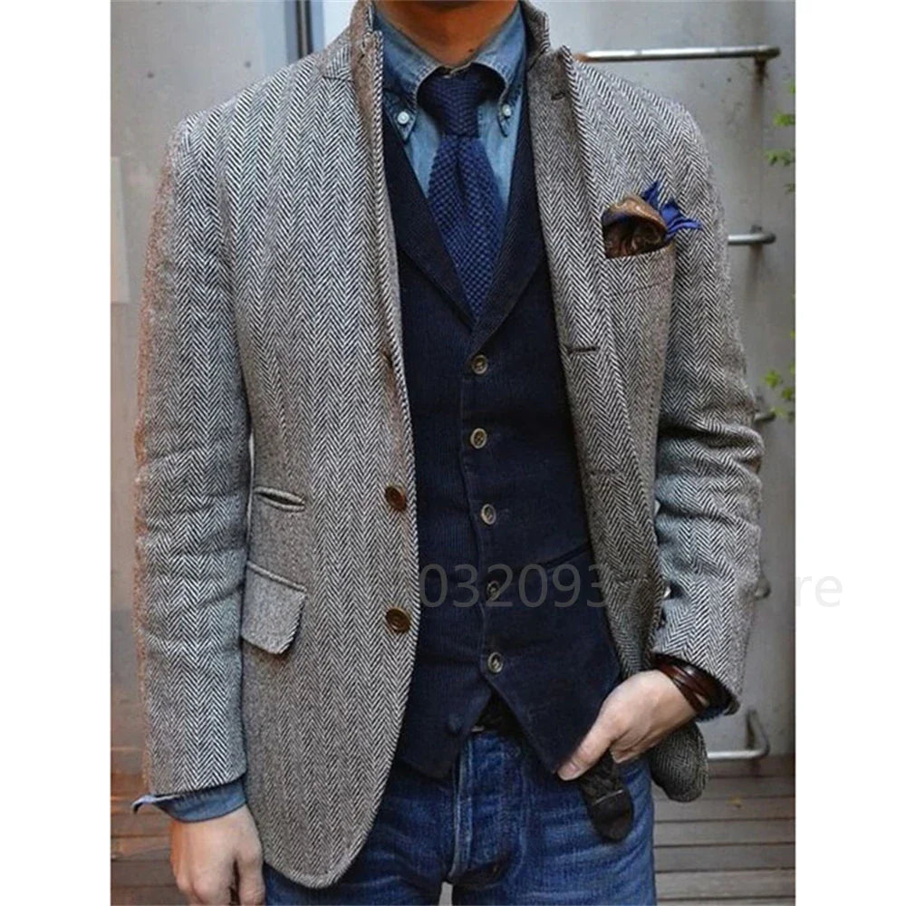 Men's Suit Brown Herringbone Blazer Prom Tuxedos Wool Tweed Single Breasted Formal Bussiness/Wedding Prom Jacket (Only Coat)