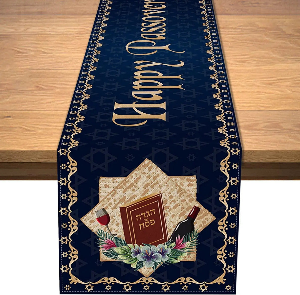 Passover Linen Table Runner Pesach Seder Matzoh Red Wine Star of David Jewish Table Runner Holiday Party Dinning Decoration