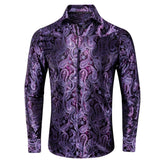 Lilac Mauve Lavender Purple Silk Mens Shirts Luxury Lapel Long Sleeve Dress Shirt Jacquard Blouse for Male Wedding Business Prom