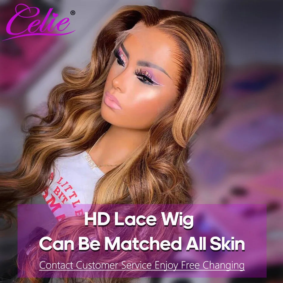 Celie Glueless Highlight Wig Human Hair Body Wave HD Transparent Ombre Colored Human Hair Wigs 4 27 Honey Blonde Lace Front Wig