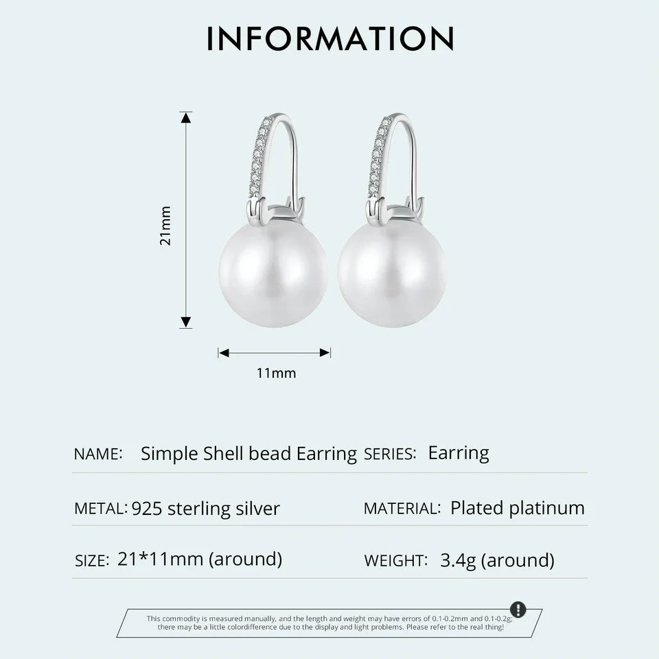 WOSTU Real 925 Sterling Silver European Simple U style Big Shell Pearl Hoop Earrings Women Drop Earring Party Accessories Gift