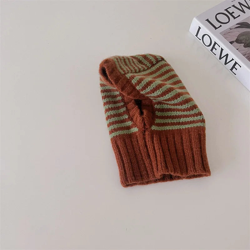 2-6Y Unisex Kids One-Piece Hats Scarf Winter Baby Girls Boys Stripe Knit Cap Woolen Yarn Scarf Earmuff Warm Keep Set for Outdoor