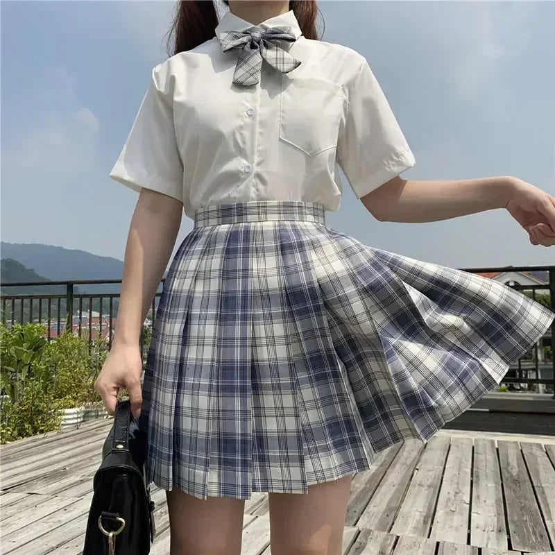 Japanese Uniform Korean School JK Uniform Shirt Plaid Skirt Set South Korea Students Short Sleeve Pleated Skirt Set Girl Seifuku