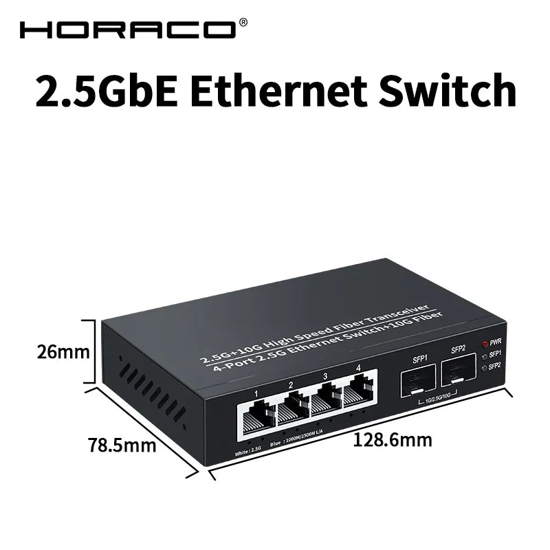 HORACO 2.5GbE Ethernet Switch 4 Port 2500Mbps Network Switcher 2 Port 10G SFP+ Slot Home Lab Hub Internet Splitter Plug and Play