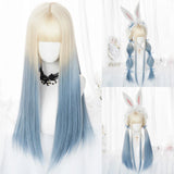 MSIWIGS Women Synthetic Lolita Wig Long Straight Ombre Two Tone Silver Grey Blue Hair For Cosplay With Bangs