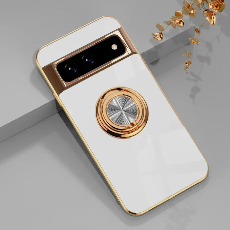 Luxury Plating Silicone Shockproof Phone Case For Google Pixel 8 8A 7 Pro 7A 6A Metal Ring Magnetic Holder Stand Soft Back Cover