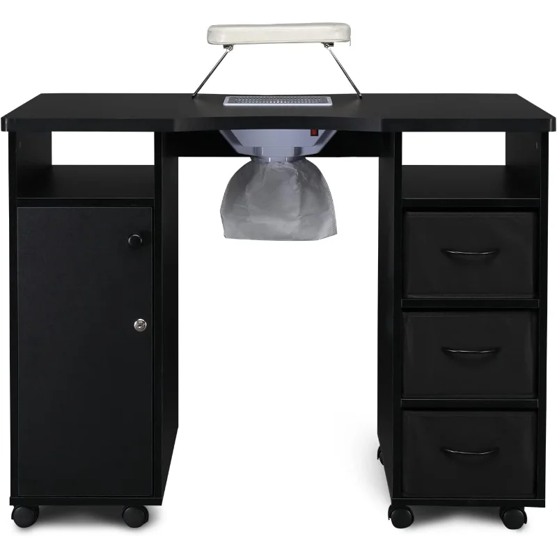 Winado Manicure Nail Table, Double Cabinet 3 Drawers 1 Door Nail Desk Station for Collector & Wrist Rest Cushion, Black