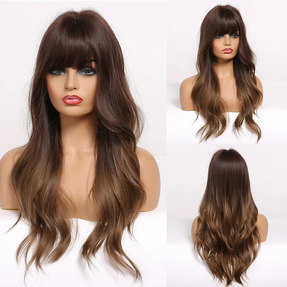 EASIHAIR Light Orange Synthetic Wigs Long Wavy Ombre Natural Hair Wigs with Bangs for Women Cosplay Lolita Wig Heat Resistant