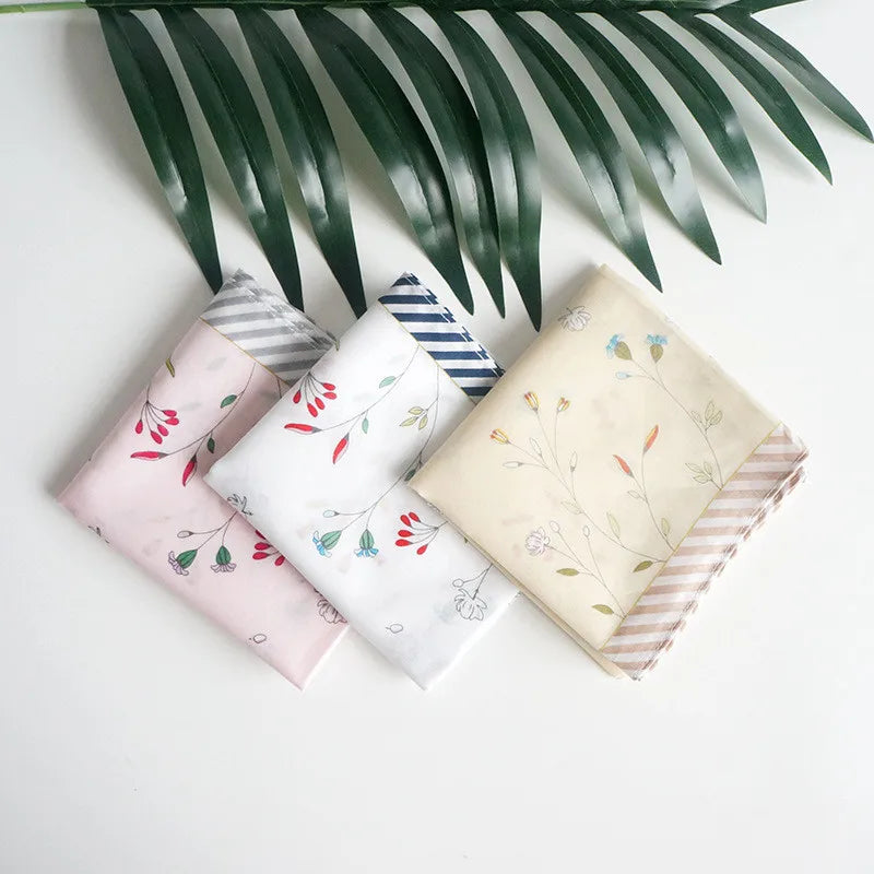 3Pcs 45x45cm Striped Flower Printed Cotton Women's Handkerchief Sweat Wiping Square Towel Party Gift