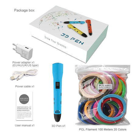 Innovative QCREATE 3D Pen with LCD Display, Adjustable Temperature & Speed, Includes 100m of PLA/PCL Filament