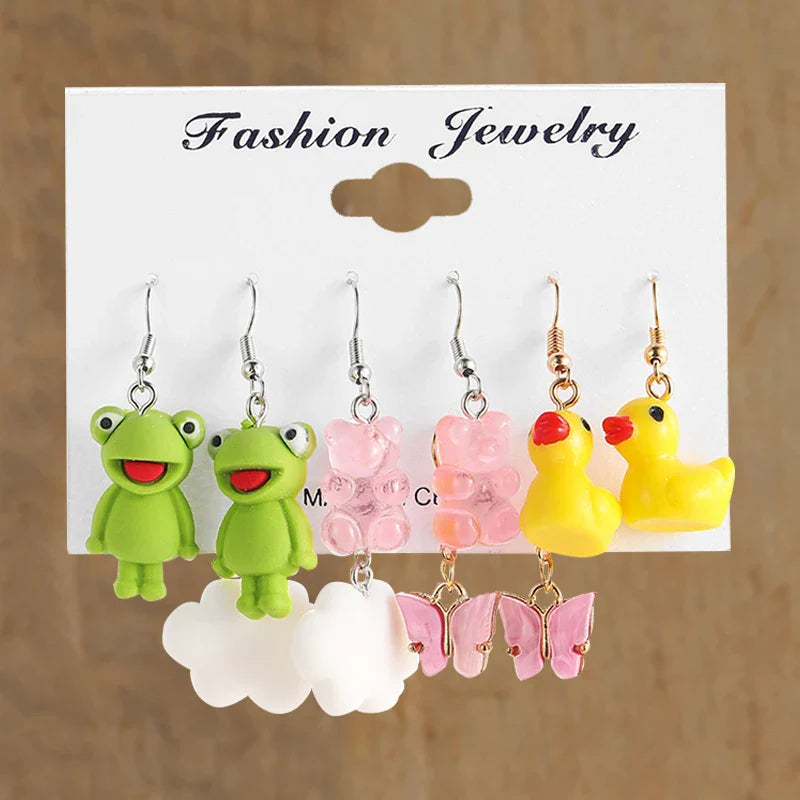 17KM Cartoon Frog Duck Earrings Set Animal Butterfly Cute Dangle Earrings for Women Geometric Bear Cloud Earring Trendy Jewelry