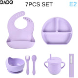 Baby Feeding Set Silicone Suction Bowls Divided Plates Straw Sippy Cup Toddler Self Eating Utensils Dishes Kit Bibs Spoons Fork