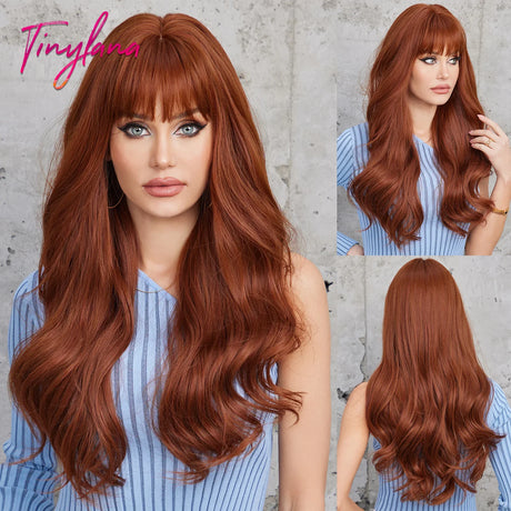 Long Curly Orange Brown Ombre Synthetic Wavy Wigs with Bangs Ginger Cosplay Party Wig for Women Afro Natural Hair Heat Resistant