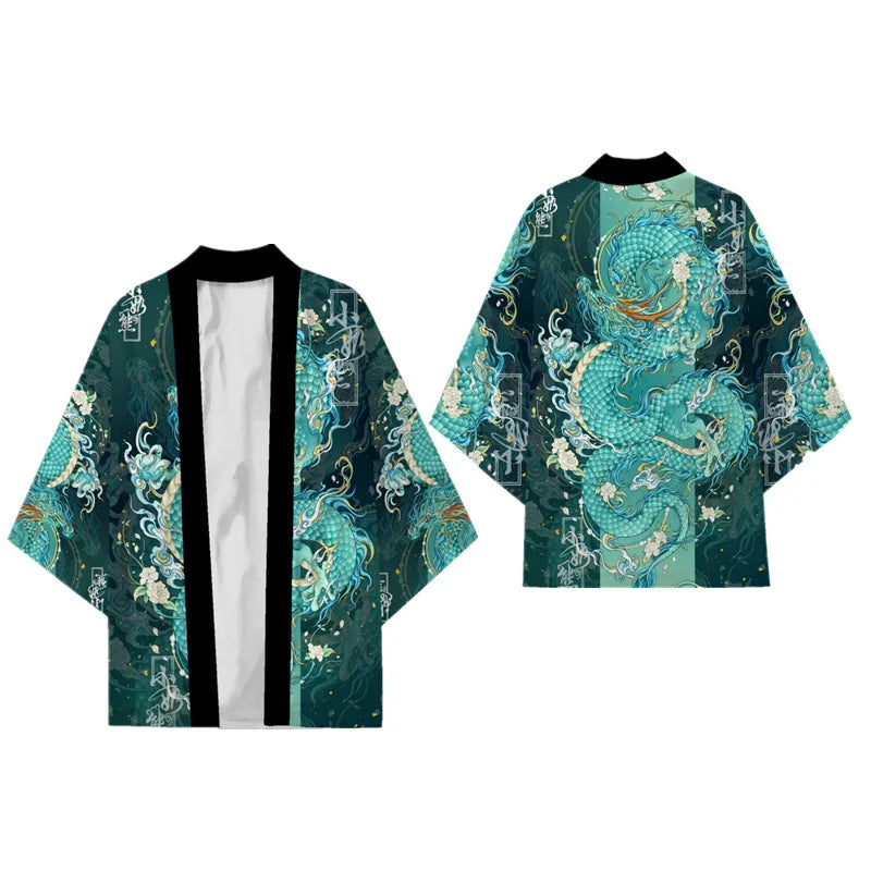 Black Kimono Cardigan Women Men Japanese Obi Male Yukata Men's Haori Chinese Dragon Print Coat Traditional Japan Clothing