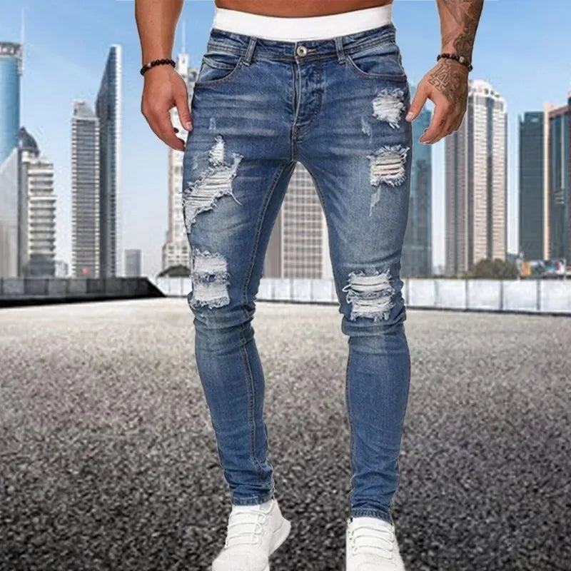 2024 New Ripped Skinny Jeans Men Vintage Wash Elastic Biker Holes Denim Pants Casual Slim Joggers Trousers Distressed Streetwear