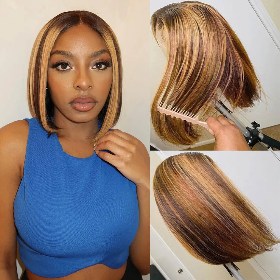 Highlight Straight Short Bob Wig 13x4 HD Transparent Lace Frontal Human Hair Wigs For Women Glueless Bob Wig Ombre Lace Wig 180%