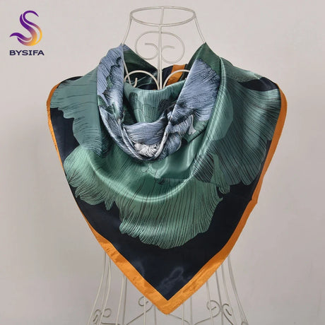 BYSIFA| Fall Winter Elegant Floral Design Scarves Shawls New Green Orange Square Silk Scarf 90*90cm Women Neck Head Scarf Hijab