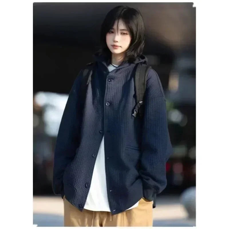 Men Sweatshirt Waffle Korea Version Jacket Loose Cardigan Thickened Coat Ins Hip Hop Couple Streetwear Hooded Men Women Clothing