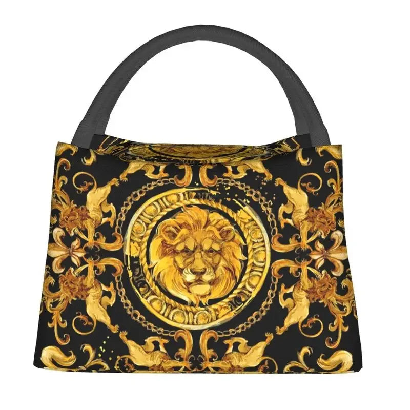 Custom Golden Lion And Damask Ornament Lunch Bags Men Women Warm Cooler Insulated Lunch Boxes for Picnic Camping Work Travel